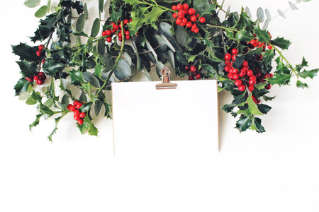 Festive Christmas mockup scene. Greeting card with golden paper binder clip, eucalyptus and holly red berries, leaves and branches on white table background. Winter wedding.の写真素材