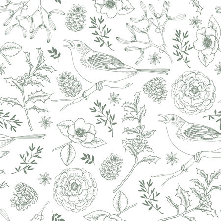 Elegant hand drawn Christmas seamless pattern with birds, holly berries, mistletoe, roses and pine cones. Winter vintage engraving design, vector illustration background.のイラスト素材