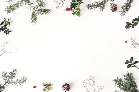 Christmas floral frame, decorative border. Winter composition of red cranberry branches, babys...