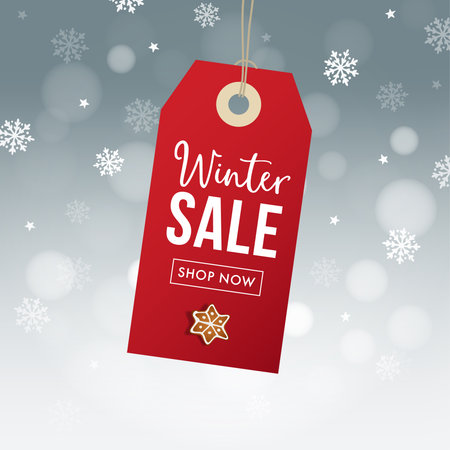 Winter sale poster template. Hanging red gift tag, label with gingerbread cookie, falling snowflakes bokeh lights and blurred background, modern vector illustration. Business concept.のイラスト素材