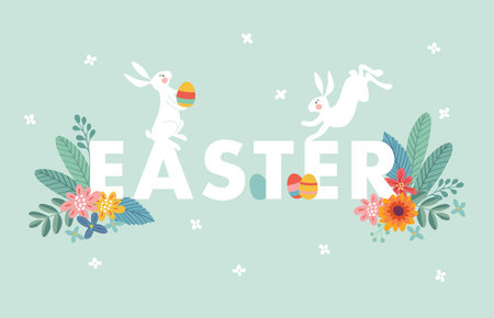 Cute Easter web banner with white rabbits, colorful Easter eggs, leaves and flowers. Spring greeting card, invitation, vector illustration background, seasonal flat design.のイラスト素材