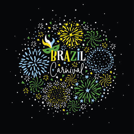 Brazil carnival party greeting card, invitation. Set of hand drawn green, yellow and blue fireworks, stars and sparks with hand-lettered text, black background. Celebration concept, modern vector.のイラスト素材