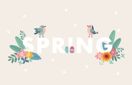 Cute spring web banner with birds, colorful Easter eggs, leaves and flowers. Easter greeting card, invitation, vector illustration background, seasonal flat design.のイラスト素材
