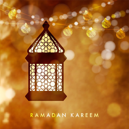 Hanging illuminated arabic lamp, lantern with string of golden lights. Festive blurred vector illustration background for muslim community holy month Ramadan Kareem with bokeh effect.のイラスト素材