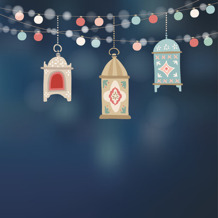 Hanging hand drawn arab lanterns. Strings of colorful light bulbs, night party decoration. Greeting card, invitation for muslim holiday Ramadan Kareem, Eid-ul-Fitr. Vector blurred background.のイラスト素材
