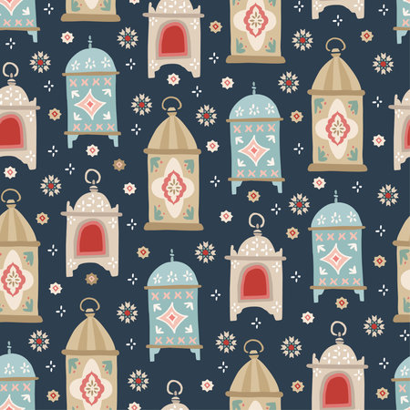 Hand drawn decorative arab lanterns and stars . Beautiful estive seamless pattern. Greeting card, invitation for muslim holiday Ramadan Kareem, Eid-ul-Fitr. Vector illustration background. Flat designのイラスト素材