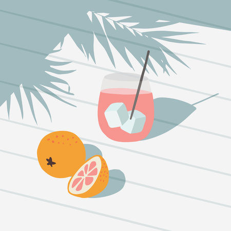 Tropical summer greeting card, invitation. Cocktail drink with ice, grapefruit, orange fruit. White table backgound in sunny day, palm leaf shadow. Vacation, party concept. Vector illustrationのイラスト素材