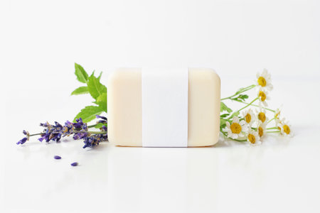 Closeup of hand made herbal soap bar in blank paper label package. Mint leaves, lavender and feverfew flowers on white table backround. Spa concept. Skin product mockup scene. Cosmetic product.の写真素材