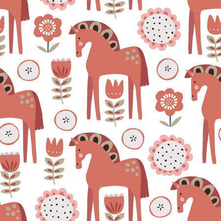 Christmas Scandinavian seamless pattern with red ornamental horses, apples and flowers. Nordic, Swedish winter design for textile, gift wrapping paper, scrapbooking. Vector illustration background.のイラスト素材