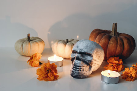 Dia de los Muertos, Mexican Day of the Dead table altar composition. Orange tagetes, marigold flowers and human artificial skull decoration. Burning candles and pumpkins. Halloween, fall concept.の写真素材