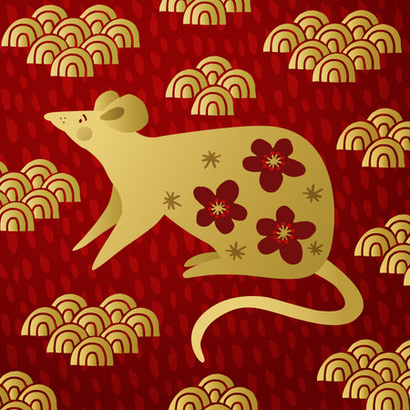 2020 Chinese New Year greeting card, invitation. Year of the rat. Red textured background with golden ornaments, clouds. Asian design. Festive holiday banner template. Vector illustration.のイラスト素材