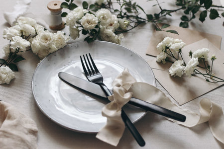Closeup of festive table setting with black cutlery, white rose flowers, silk ribbons, porcelain...