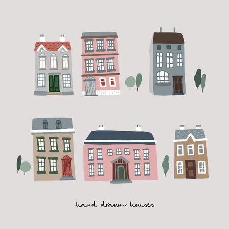 Set of hand drawn colorful old houses. Real estate icons isolated on white background. Town, village concept, urban landscape, collection of vector cartoon illustrations.のイラスト素材