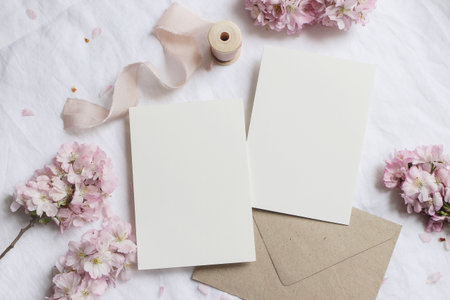 Wedding stationery mock-up scene. Blank greeting cards, envelope on linen tablecloth background with pink blossoming cherry tree branches and ribbon. Feminine still life composition. Flat lay,top viewの写真素材