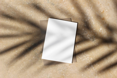 Summer stationery mock-up scene. Blank greeting card, craft envelope at sunset with date palm leaf shadow overlay. Golden marble table background. Flat lay, top view. Tropical vacation concept.の写真素材
