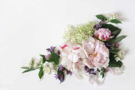 Spring, summer botanical floral composition, decorative corner. Pink peony flowers, sage, elderflower herbs and blooming philadalphus branches isolated on white table background. Flat lay, top view.の写真素材
