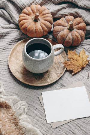 Fall styled composition. Autumn breakfast still life. Blank greeting card mock-up scene with cup of coffee, wool blanket, maple leaf and pumpkins. Cotton table cloth background. Thanksgiving. Verticalの写真素材