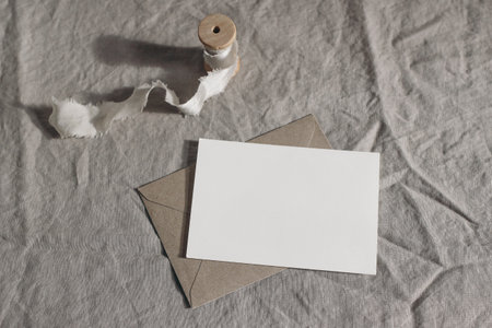 Wedding moody still life, table composition. Blank greeting card, invitation mockup scene with craft...