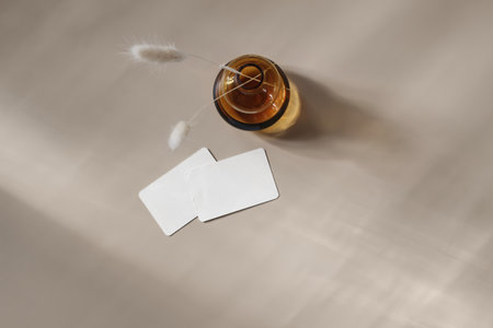 Modern summer stationery still life scene. Amber glass vase with dry lagurus grass. Blank business cards on beige table background in sunlight. Champagne wall, long shadows. Selective focus, top view.の写真素材