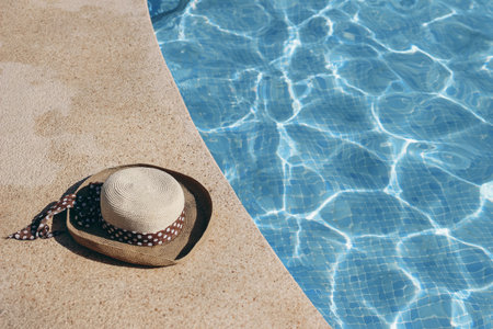 Poolside still life. Straw hat on floor next to resort swimming pool. Glittering crystal clear blue water in sunlight. Summer holiday composition. Swimming, relaxation and travel concept.の写真素材