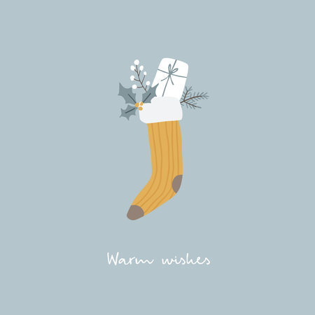 Christmas Scandinavian greeting card, invitation. Knitted Santas socks hanging with fir tree branch, holly berries and gift box. Minimal retro design. Vector illustration background.Warm wishes text.のイラスト素材