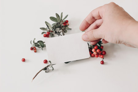 Woman hand holding paper business card. Red lingonberries fruit with green leaves on white table background. Winter wedding stationery mockup scene. Selective focus, blurred background. Healthy herb.の写真素材