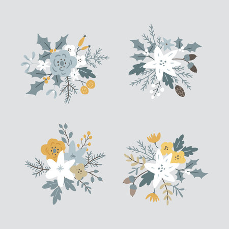 Christmas set of floral bouquets. Flowers, poinsettia and pine cones. Spruce, fir tree branches, leaves and holly berries isolated on blue background. Hand drawn design elements. Winter vector.のイラスト素材