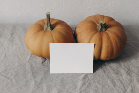 Autumn mockup. Closeup of blank greeting card, invitation with orange pumpkins on beige linen table cloth. Blurred white wall background. Fall stationery. Halloween, Thanksgiving concept.の写真素材