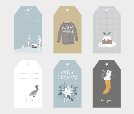 Set of Christmas Scandinavian gift tags, labels. Birds, knitted sweater, flowers and pudding with holly berries. Checkered pattern. Winter lanscape with house. Nordic design, vector illustrations. Santas sock.のイラスト素材