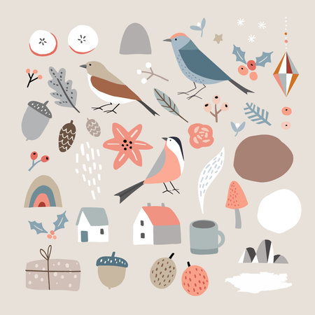 Set of Christmas Scandinavian animals and natural elements. Birds, Christmas ornaments, poinsettia flowers and berries. Abstract organic shapes. Retro design. Isolated vector illustrations.のイラスト素材
