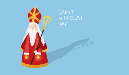 Cute Christmas greeting card. Saint Nicholas, drop shadow and pastoral staff. European winter tradition. Hand-lettered text. Flat cartoon design, isolated vector illustration blue background banner.のイラスト素材