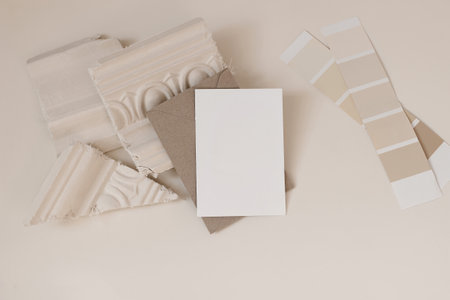 Artistic sationery still life. Blank greeting card, invitation mockup. Neutral color palette...