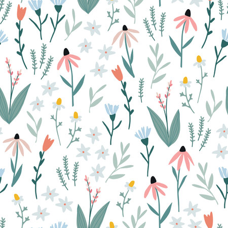 Herbal floral seamless pattern. Hand drawn colorful flowers, plants, leaves. Spring, summer set. Wild garden, meadow design. Echinacea, chamomile, cornflower and tulips, vector illustration background.のイラスト素材