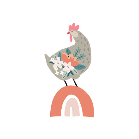 Easter greeting card, invitation with rainbow and hen isolated on white background. Farm bird, chicken with floral decor, hand drawn flowers. Spring season concept. Vector illustrations, flat design.のイラスト素材