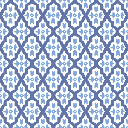 Hand drawn blue Moroccan seamless pattern for Ramadan Kareem greeting cards, islamic backgrounds, fabric, web banners. Portuguese azulejos tile design. Decorative vector illustrations.のイラスト素材