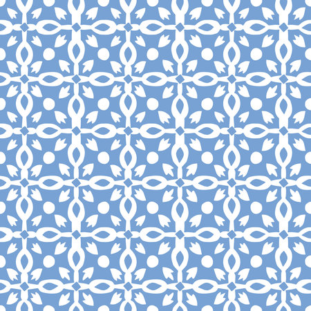Hand drawn blue arabic seamless pattern for Ramadan Kareem greeting cards. Islamic backgrounds, fabric, web banner. Portuguese azulejos tile design. Decorative Moroccan vector illustration.のイラスト素材