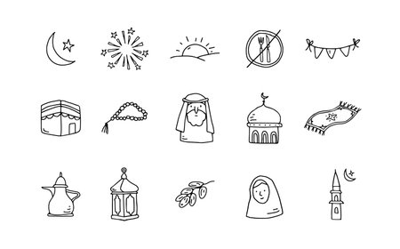 Set of hand drawn icons for holy month Ramadan Kareem.Islam, muslim religion concept. Isolated vector objects. Mosque with minaret tower. Moon and date fruit. Arab man, woman in hijab. Eid ul Fitr.のイラスト素材