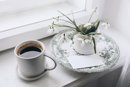 Winter, spring still life scene. Cup of coffee on windowsill. Vase of snowdrops flowers on vintager green decorative plate. Feminine floral composition with galanthus plants. Blurred background.の写真素材