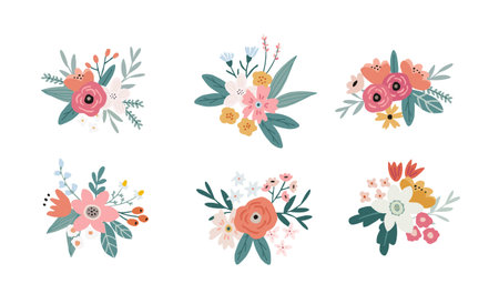 Set of springtime, summer bouquets made of tulips, roses, narcissus flowers and leaves. Floral decoration. Isolated vector objects., flat design. For wedding, birthday cards, invitations, web banners.のイラスト素材