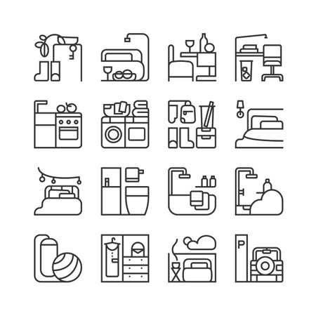 Interior outline icon. Living room, working room, master bedroom, dressing room and more. Vector illustration, editable stroke, pixel perfect 64x64.のイラスト素材