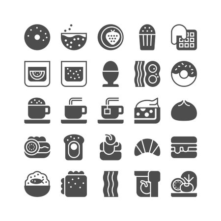 Breakfast solid icon. Chia juice, english muffin breakfast sandwich, soft boiled egg and more. Vector illustration, pixel perfect 48x48.のイラスト素材