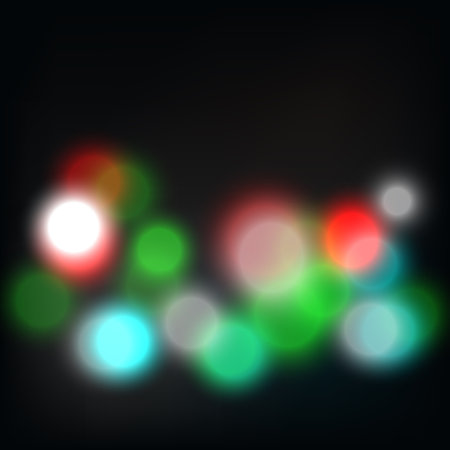 Shiny bokeh lights blur abstract background vector. Bright red, blue, green and white christmas bulb art. Soft vibrant defocused texture backdrop, colorful circle lamp party festival illustration.のイラスト素材