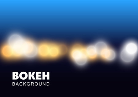 Shiny bokeh lights blur abstract background vector. Gold and white Christmas bulb with dark blue color backdrop. Vibrant defocused texture art. Soft circle lamp party festival illustration wallpaper.のイラスト素材