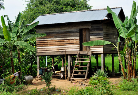 village house on stilts in cambodia の写真素材