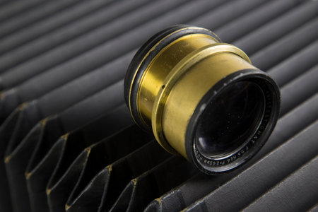 Old lens of the wooden cameraの写真素材