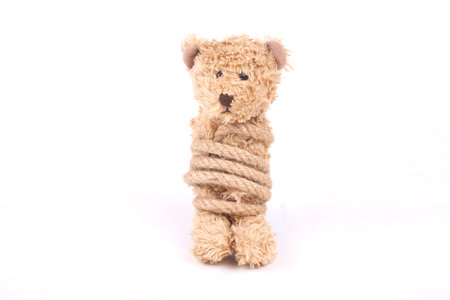Teddy bear tied up with a rope, bullyingの写真素材