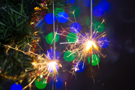 Burning sparklers on a branch of Christmas tree, Xmas