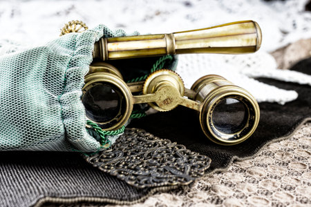 Vintage pearl opera glasses with accessories, fashionの写真素材
