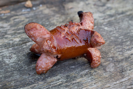 Small sausage roasted over an open fireの写真素材