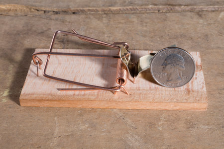 US coin quarter in a mousetrap on a wooden table